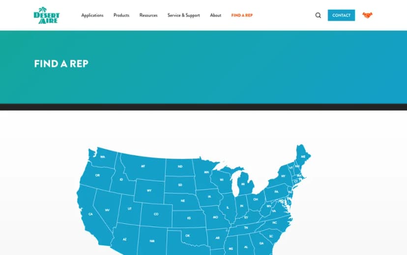 Desert Aire's Find a rep page, with a map of the US