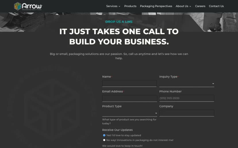 Arrow's contact form, which asks for the type of inquiry and product