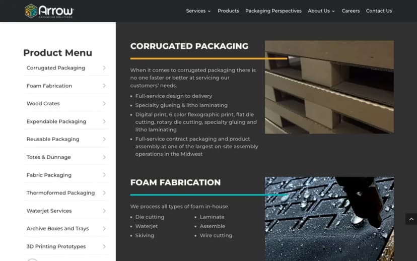 Arrow's products page, with the product menu beside corrugated packaging and foam fabrication