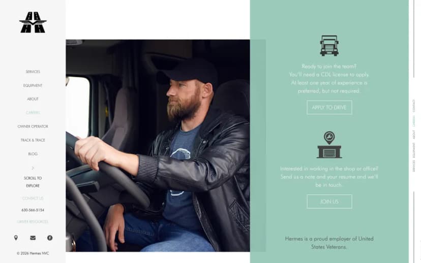 The Hermes NVC Careers page, with Apply to drive and Join us