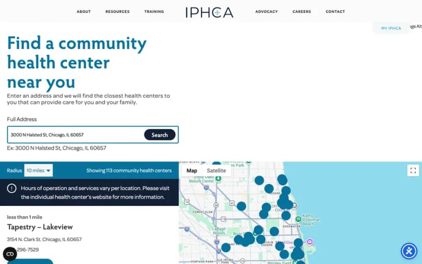 IPHCA's health center finder, with results on a map of Chicago