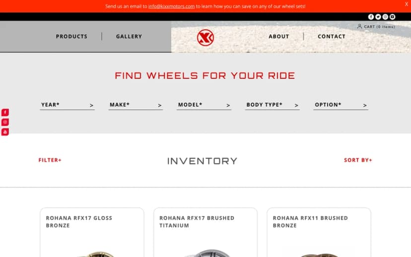 A Kixx Motorsports wheel collection, with the search by year, make and model above the wheels