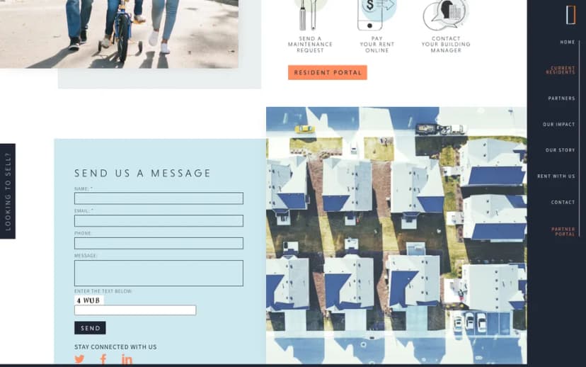 The residents page, with the resident portal and a message form
