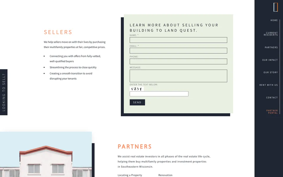 The sellers section of Land Quest's home page, with its message form