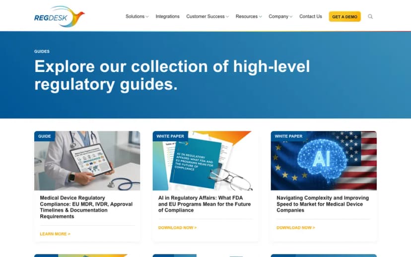 RegDesk's guides page, with a guide and two white papers