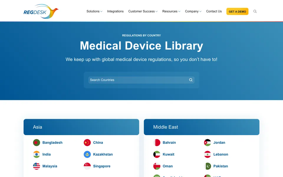 RegDesk's Medical Device Library, with countries grouped by region and a search box
