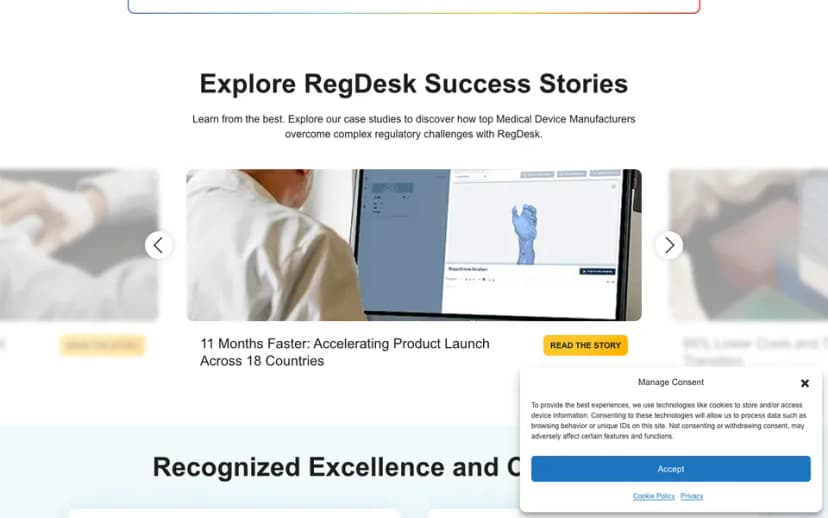 The customer stories slider on RegDesk's home page