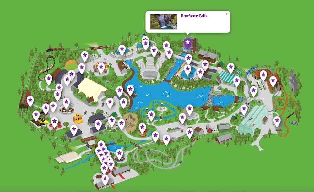 The Gilroy Gardens park map, with a pin on every ride and attraction
